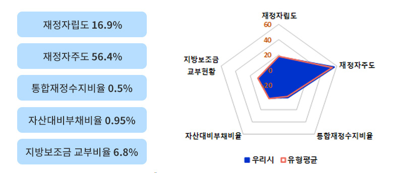 재정자립도 16.9%, 재정자주도 56.4%, 통합재정수지비율 0.5%, 자산대비부채비율 0.95%, 지방보조금 교부비율 6.8%